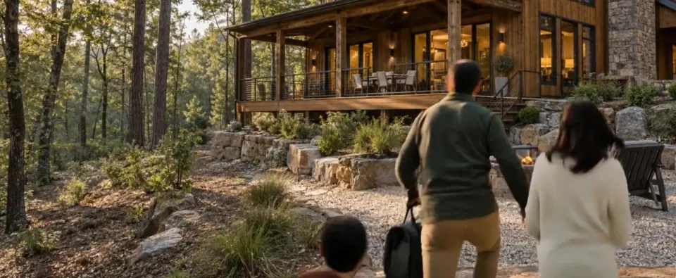 A family arriving at a welcoming woodland vacation home