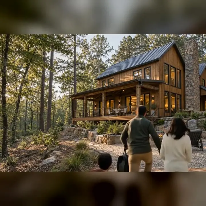 A family arriving at a welcoming woodland vacation home