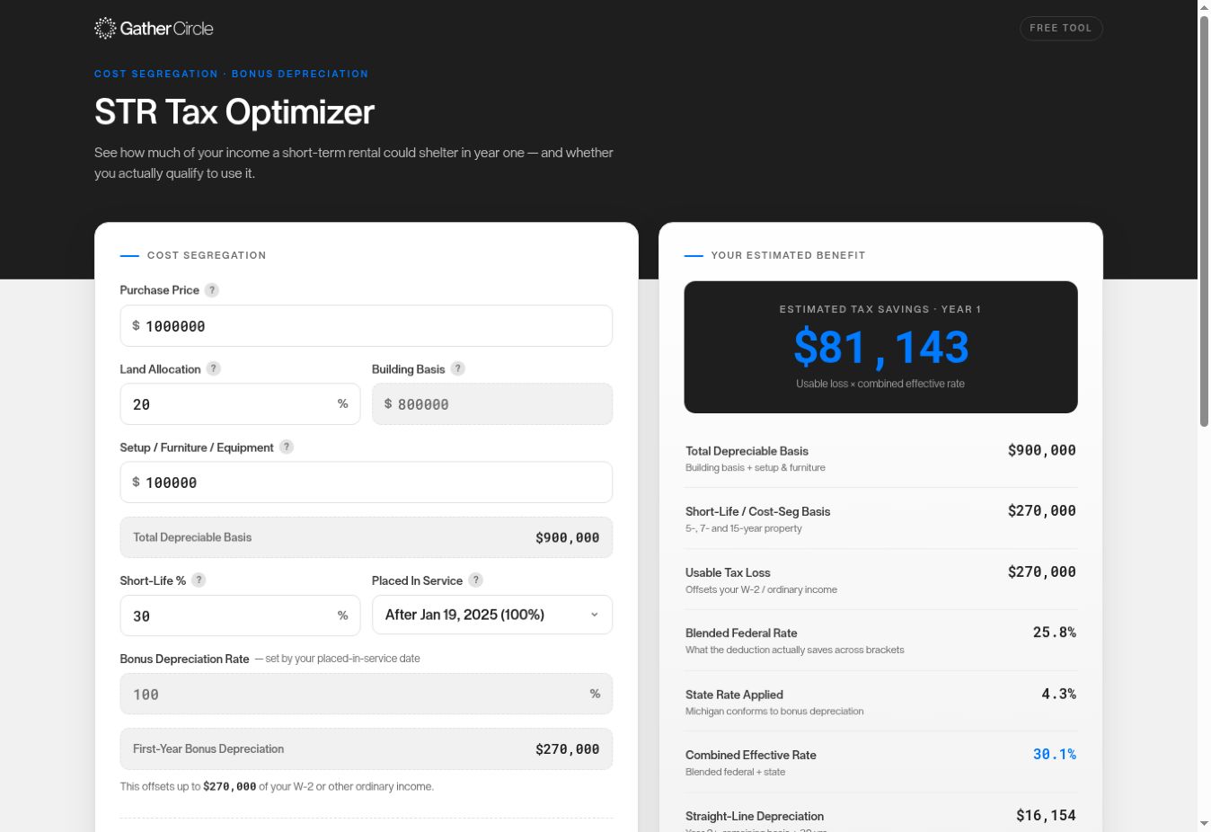 Tax Optimizer tool interface with example inputs and results