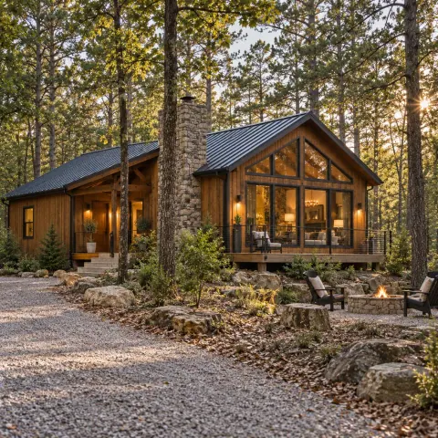 Cedar cabin among mature woodland trees, with a covered porch and stone firepit
