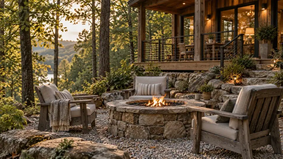 Stone firepit and outdoor seating beside a woodland cabin