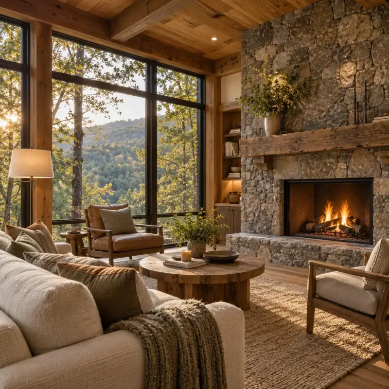 Warm cabin living room with a stone fireplace and wooded mountain views