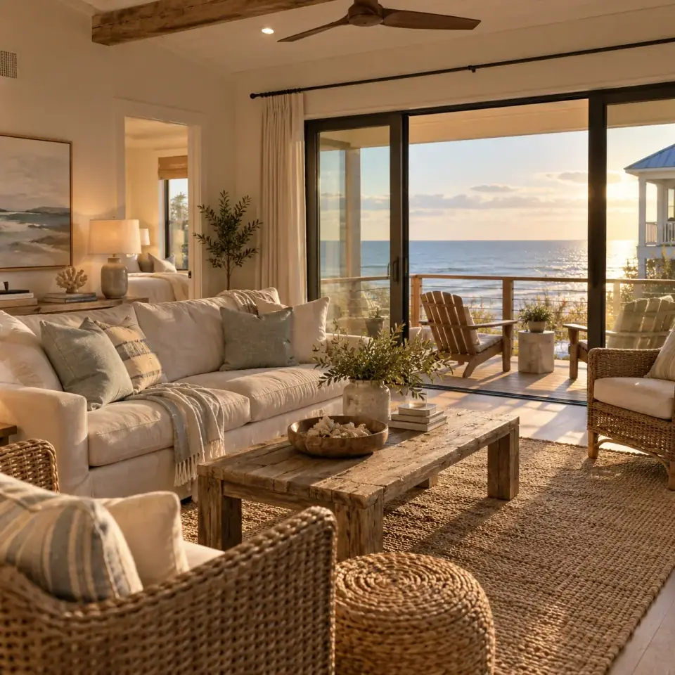 Coastal living room opening onto a balcony overlooking the Gulf