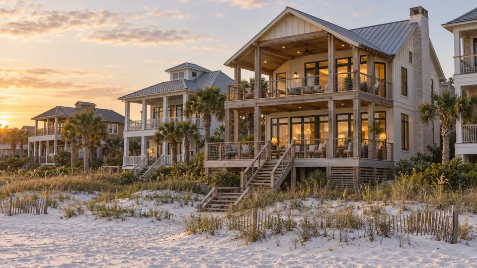 Beach house with covered Gulf-facing porches and neighboring coastal homes