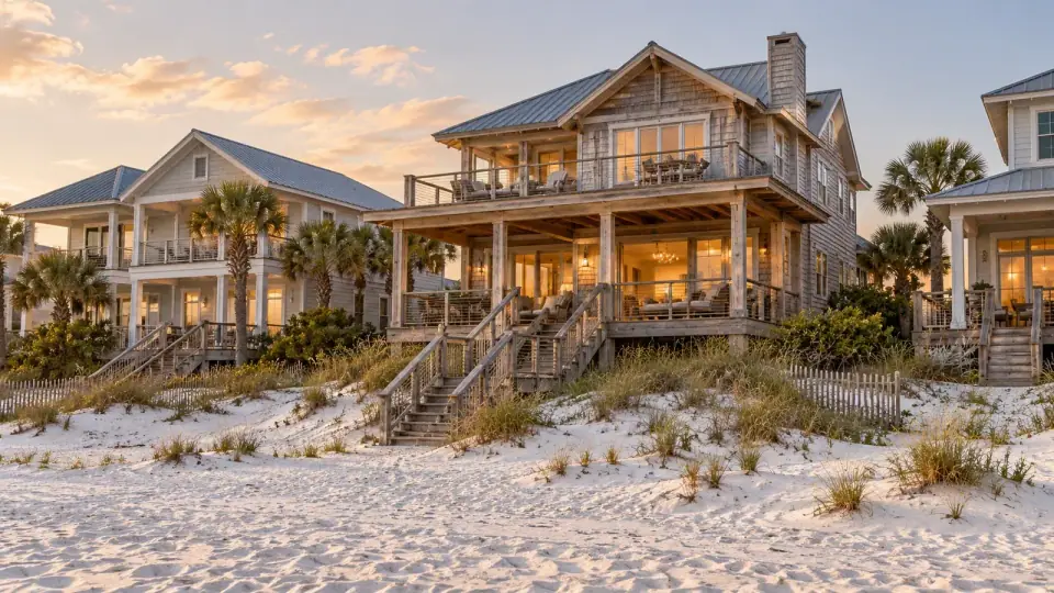 Beach-facing coastal homes beside white sand dunes