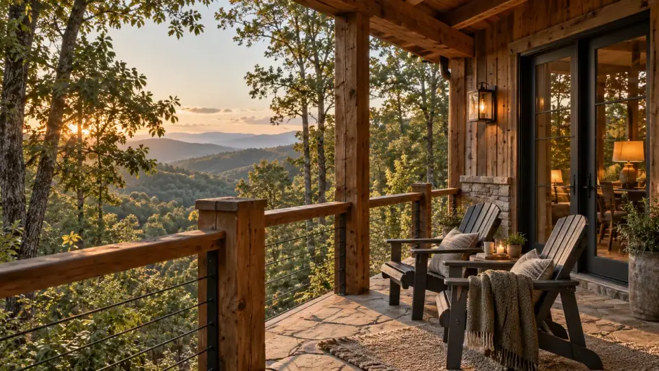 Cabin porch with timber chairs and layered wooded mountain views