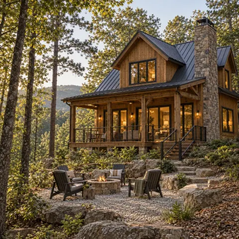 Cedar mountain cabin with a stone chimney and gravel firepit terrace