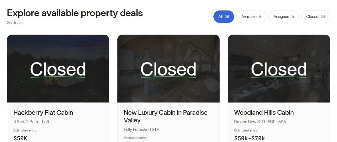 Dealflow property library showing deal filters and cabin preview cards