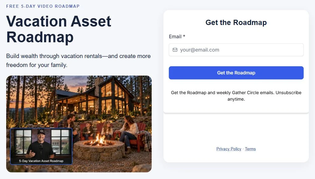 Vacation Asset Roadmap page with the guide preview and email signup