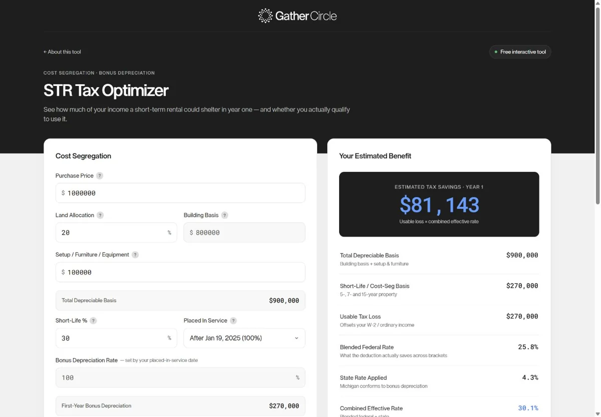 Tax Optimizer interface with example depreciation inputs and estimated benefits