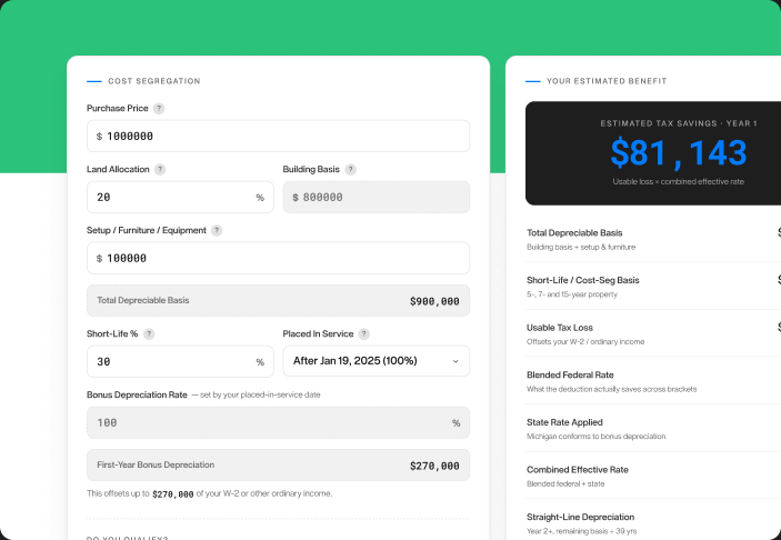 Preview of the Tax Optimizer's cost-segregation inputs and estimated tax benefit.